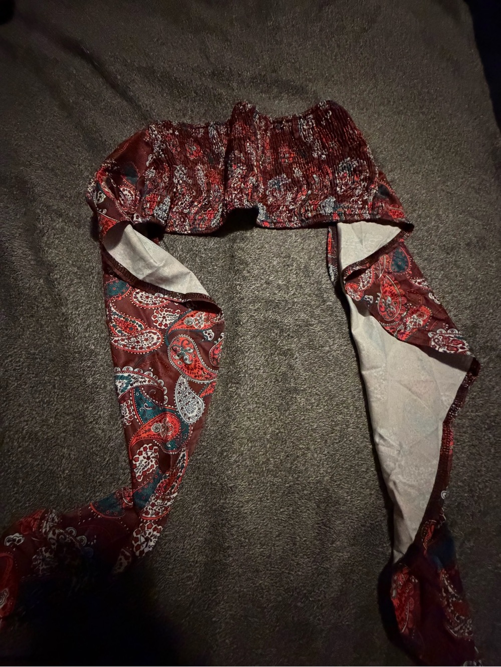 ROMWE Burgundy Paisley Smocked Bandeau Top with Teal & White Accents